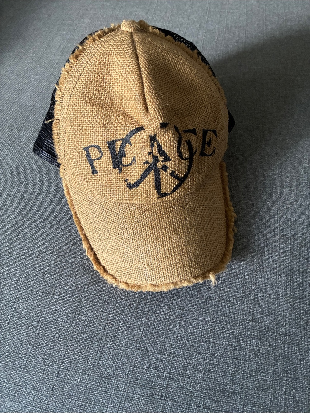 Frayed Burlap 'PEACE' Trucker Hat - Tan & Black